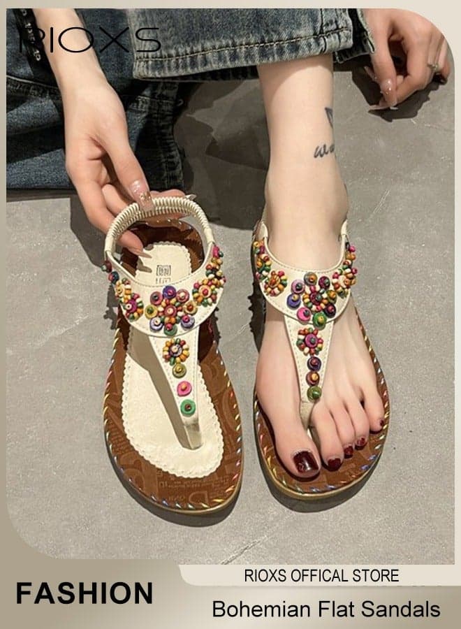 Flat Sandals for Women, Bohemian Beaded Flip Flop Sandals, Fashion Thong Sandals for Women, Classic Ankle Strap Beach Sandal, Slip-on Flats Open-toed Shoes for Ladies, Comfort Summer Sandals for Vacation/ Shopping/ Walking/ Daily Wear, Casual Sandals Brown Beige