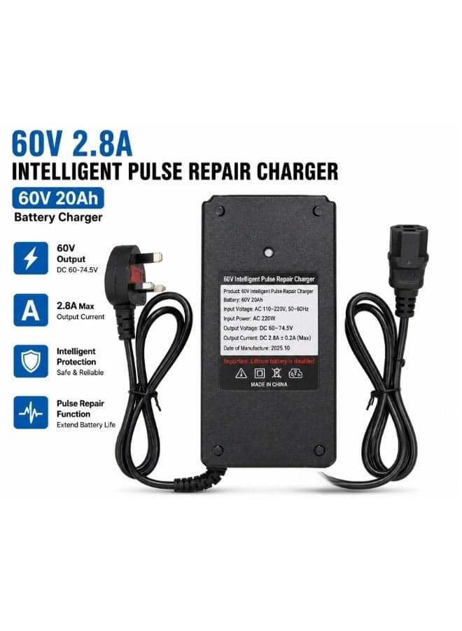 FUKUKAWA® 60V 2.8A Electric Scooter & E-Bike Battery Charger | 220W Max, DC 60–74.5V Output | Intelligent Pulse Repair Charger for 60V 20Ah Battery | AC 110–220V 50–60Hz | Smart Protection**