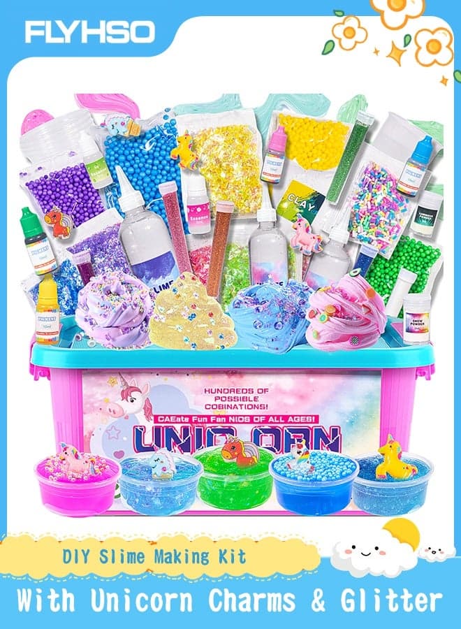 DIY Glitter Slime Making Kit for Kids – Fluffy Cloud Foam Slime with Unicorn Charms, Fun Squishy Slime Toys for Girls and Boys Ages 6 Year+, Perfect Gift Slime Kit