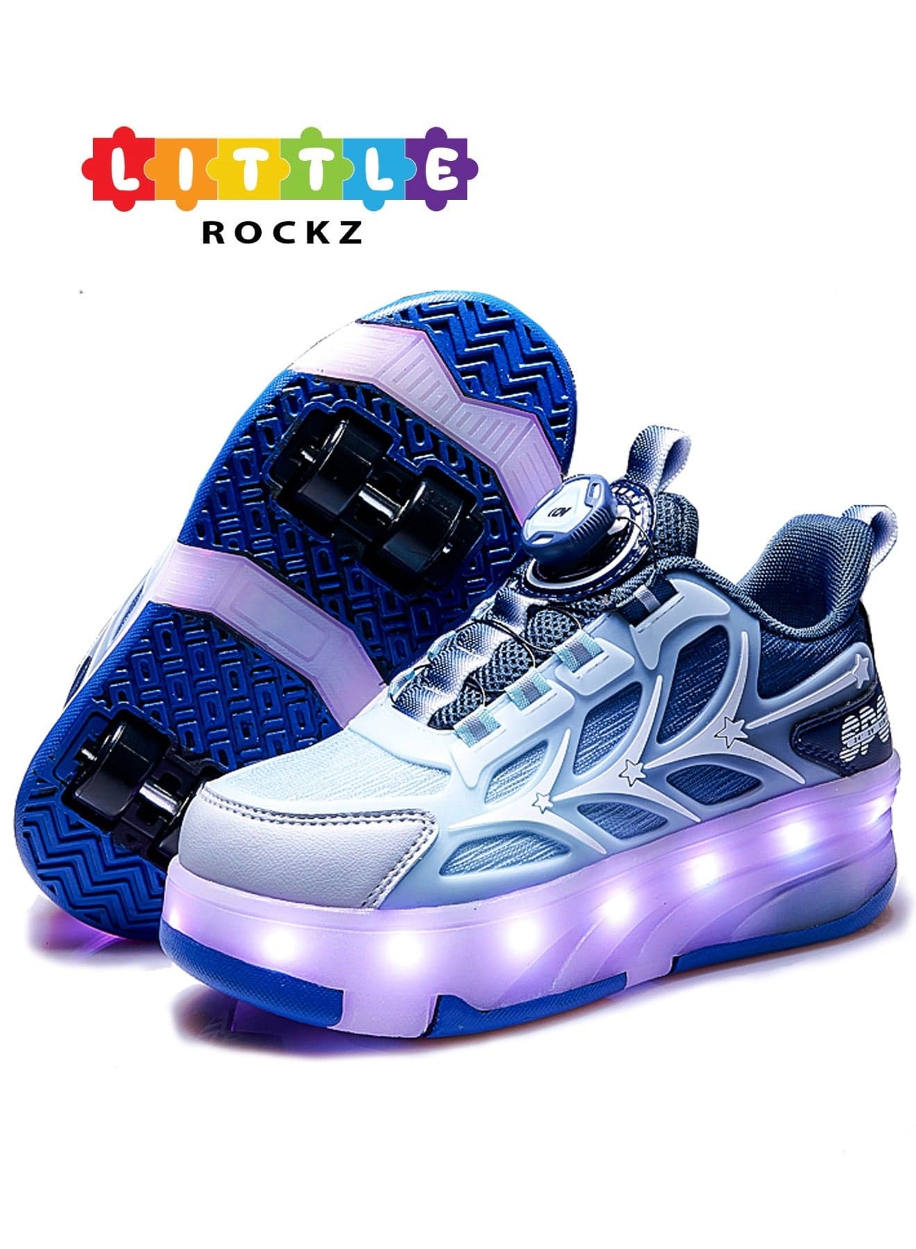 Kids Four Wheel Roller Shoes Rechargeable LED Flash Light Sneaker Skate Heelys Shoes Blue