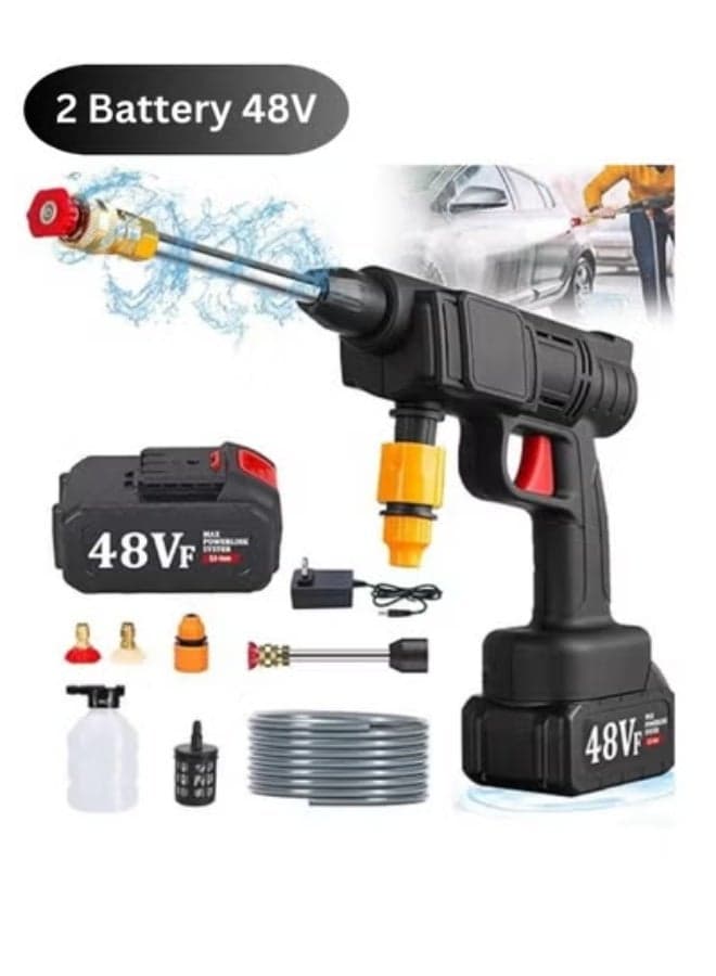 Portable High Pressure Water Gun,Rechargeable Cordless Pressure Washer With Tow 48V Lithium Battery, 5 m Hose and 3 Nozzles, Portable Washer Gun or Electric Washing Gun for Washing Cars, Floors, Garden.