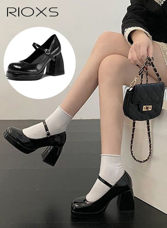 Women's High Heeled Shoes, Retro Square Toe Platform Chunky Heels, Lady's Block Heel Mary Janes Shoes, Trendy Strappy Dress Shoes for Women, 8cm Heels Pumps Shoes for Wedding/ Party/ Work/ Daily Wear, Womens Dressy High Heel Shoes, Black Ladies Heels