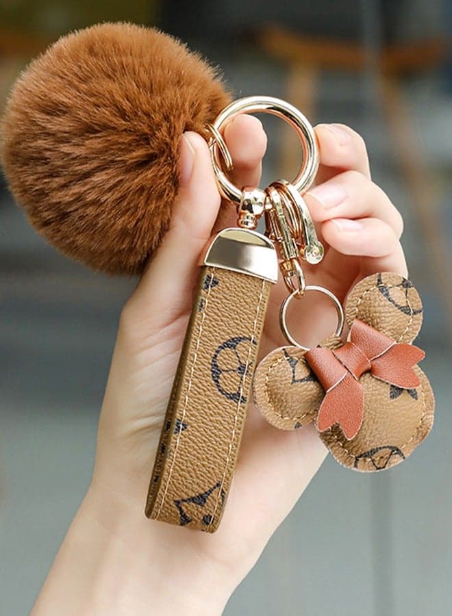 Light brown keychain with elegant fluffy fur for women A great option as a gift Plaid leather and golden metal keychain includes matching accessories