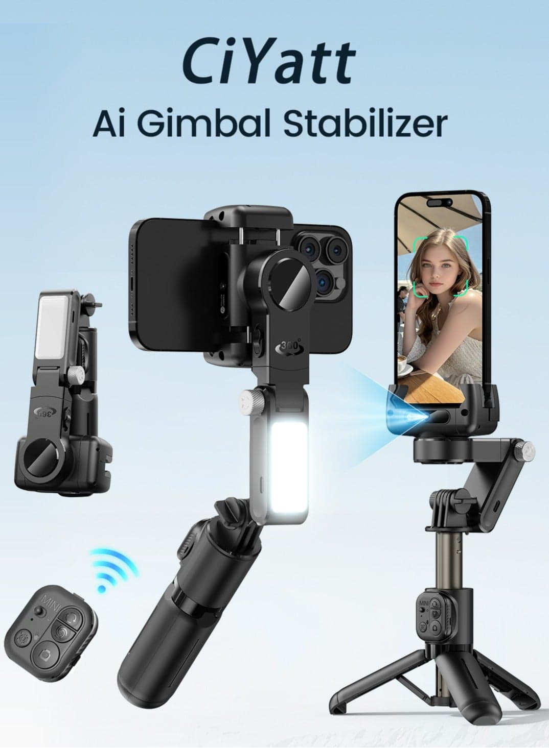 AI Cell Phone Stabilizer Gimbal with 360° Rotation, Automatic Face Tracking And Anti-Shake, Mini Selfie Sticks Tripod 65CM With Fill Light