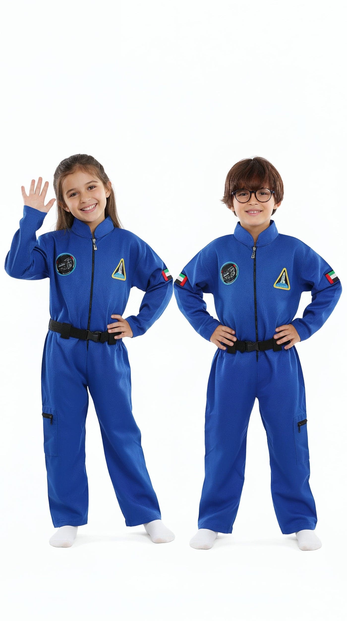 Kids Astronaut Space Suit Outfit – Blue Flight Jumpsuit with Belt and Mission Patches