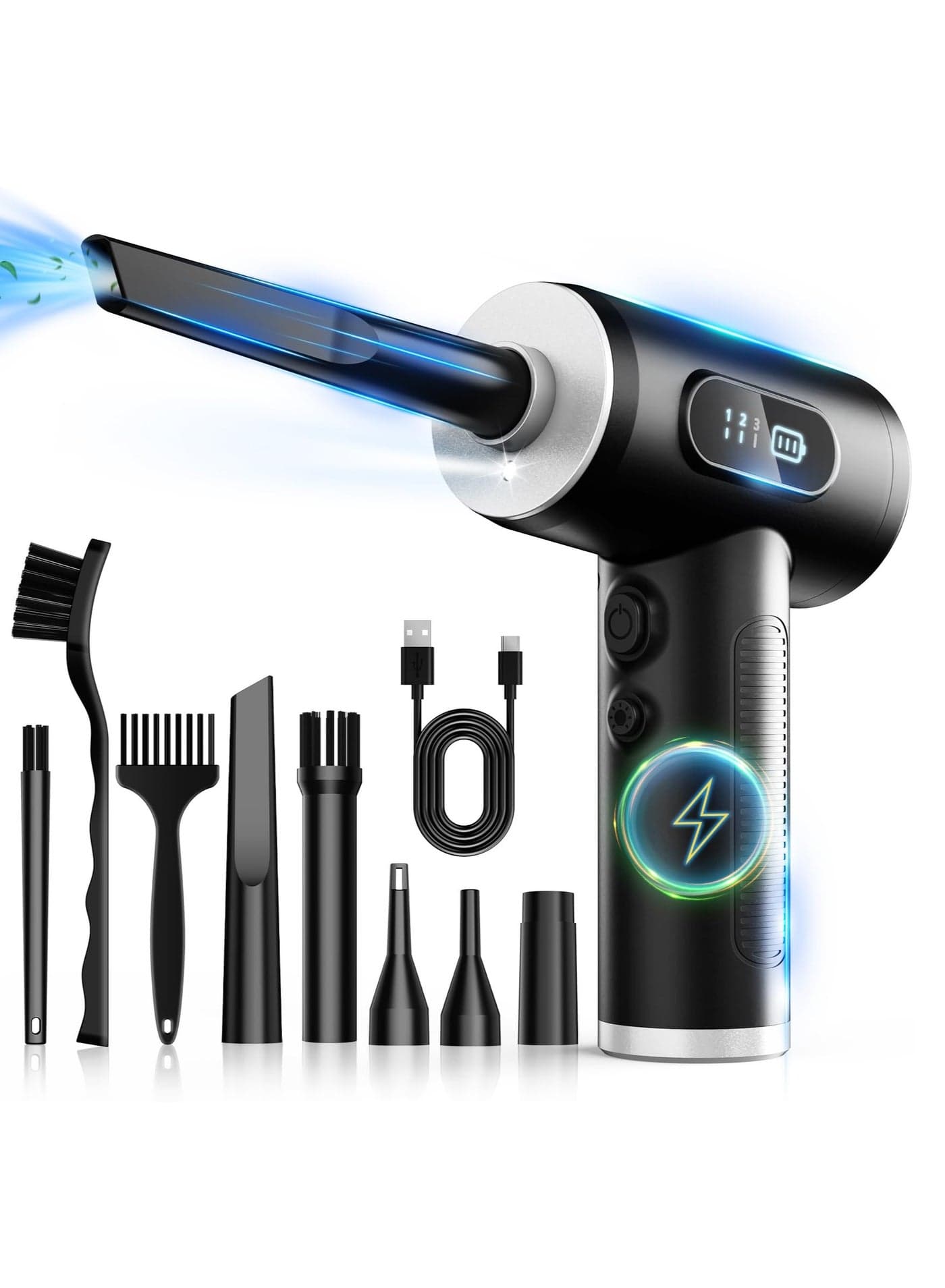 Compressed Air Duster-3 Gear Adjustable 100000RPM Electric Air Duster with LED Light, Rechargeable Cordless Air Blower for Keyboard Electric Devices Cleaning. Replaces Compressed Air Cans (Black)
