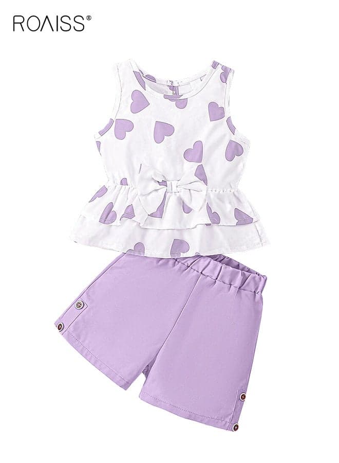 Toddler Girls Adorable T-shirt and Shorts Set, Stylish Summer Outfit with Sleeveless Heart Print Top and Solid Shorts, 2 Piece Comortable Clothing Set for Little Girls