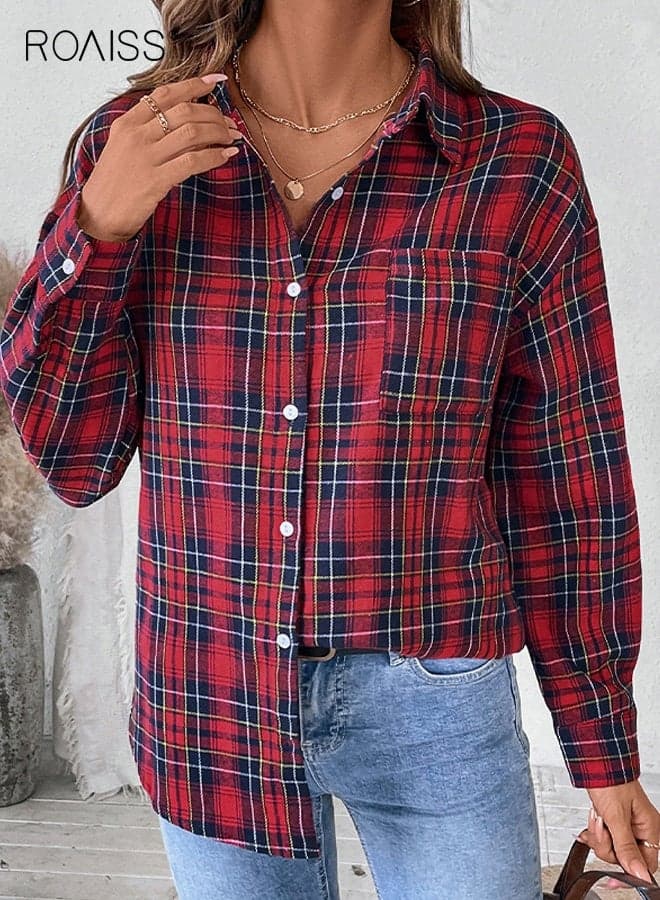 Women's Oversized Plaid Shirt, Long-Sleeve Button Down Polyester Blouse for Casual Daily Regular Outfit,Red,M-XL