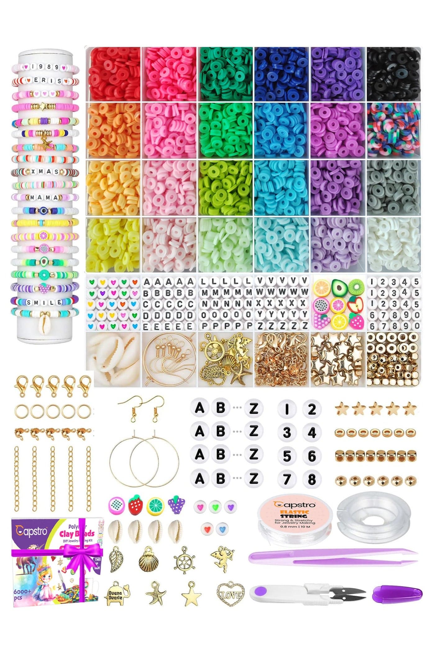 6000+ Clay Beads for Bracelet Making Kit - DIY Jewelry Set with Pendant Charms, Elastic Strings, 24 Colors Flat Preppy Beads for Bracelets, Necklace, Earrings