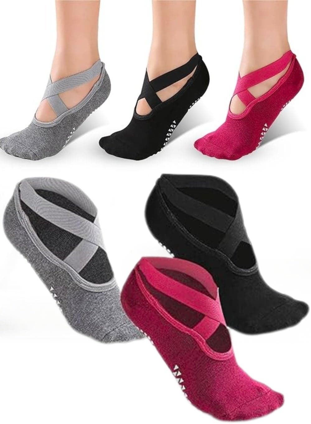3 Pairs Non-Slip Grip Yoga & Pilates Socks for Women – Anti-Skid Sole, Moisture-Wicking Fabric, Studio & Home Workout Socks (Black / Grey / Red)