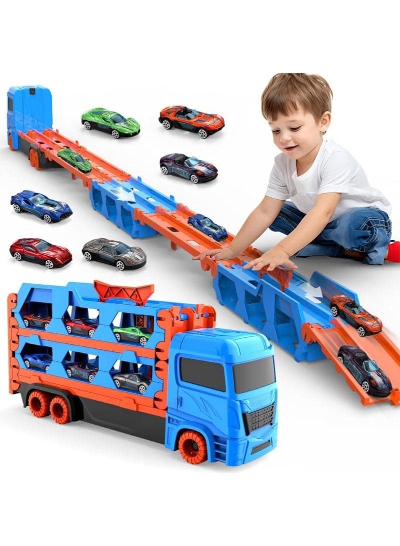 Transport Race Truck Toy for 3+ Years Kids,Foldable Car Race Track Playset, 64.7-Inch Dual RaceTrack & Eject Card, 6 Metal Cars (Blue)