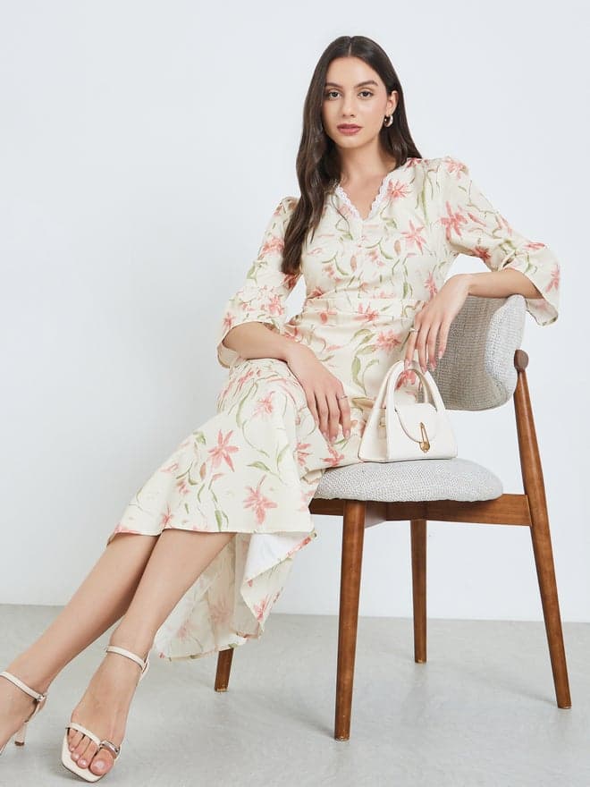 Beige Floral Print Midi Dress with 3/4 Sleeves
