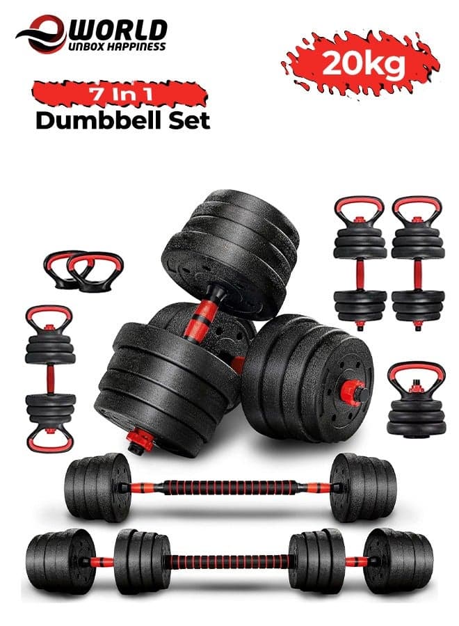 Versatile 7-in-1 Adjustable Dumbbell Set, Transform into Barbell, Kettlebell, and Push-ups, Ideal for Weightlifting and Total-Body Fitness at Home or Office with Free Weights, 20kg