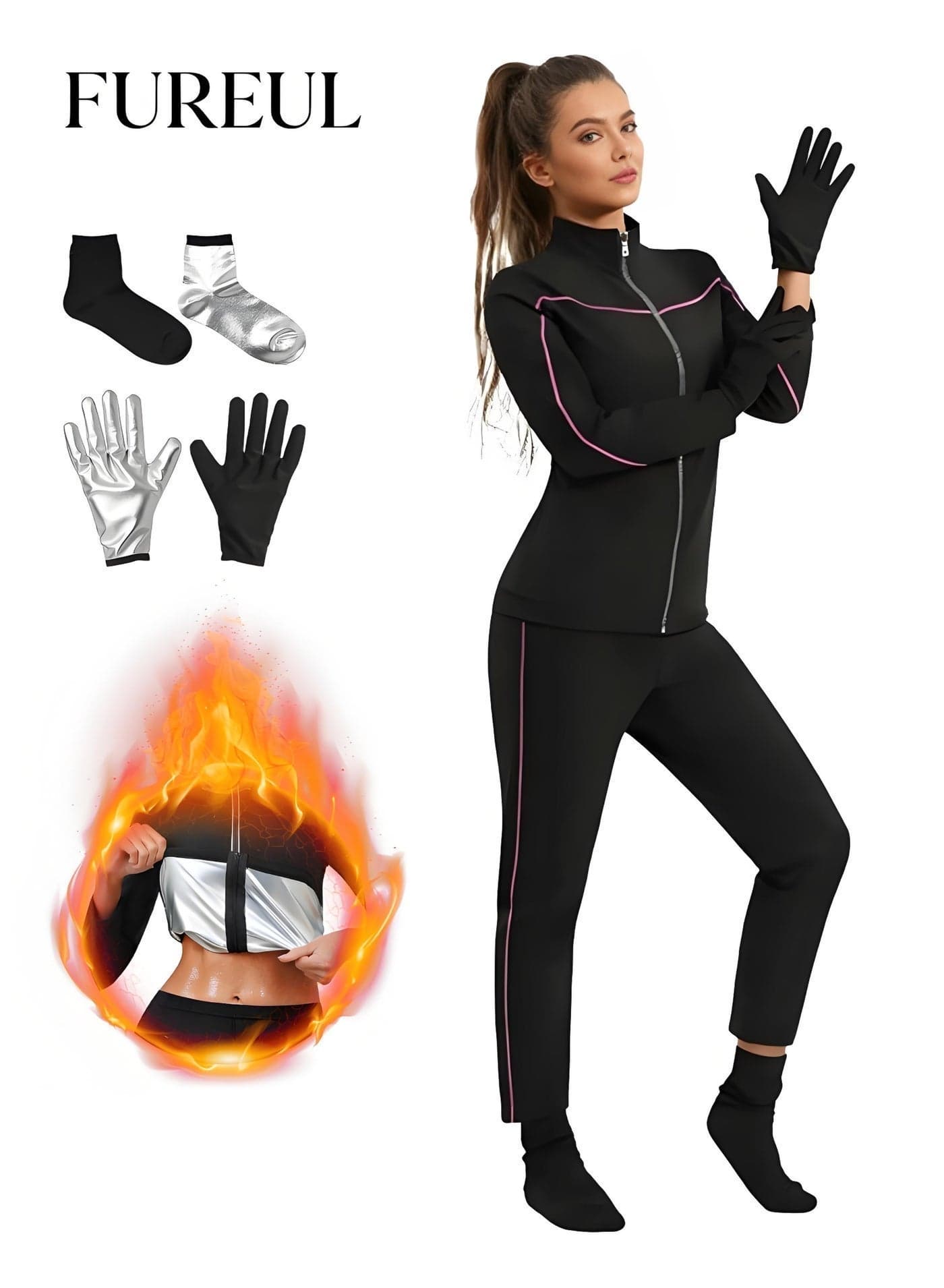Women's Sauna Suit Quick-drying and Shaping High-quality Fabric Sports and Fitness Compression Sweat-wicking Suit Zippered Women's Sauna Sportswear Set (Top, Pants, Gloves and Shoe Covers)