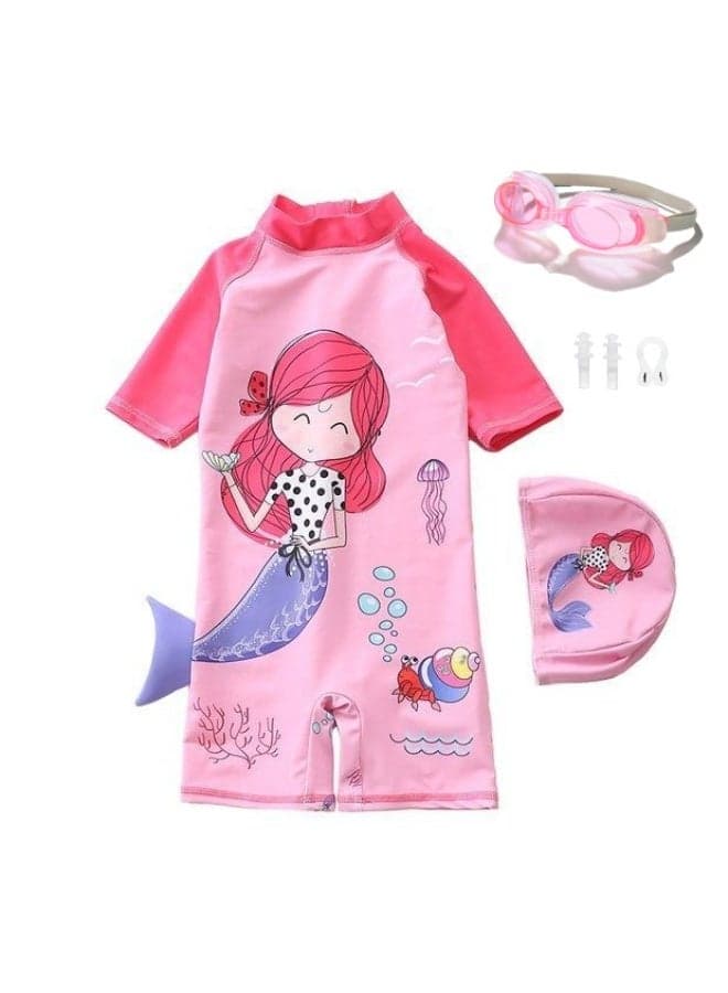 Children's Swimsuit For Girls Mermaid Design Short Sleeve With Cap One Piece Surfing Suit Baby Swimming Pool Girl Swimsuit