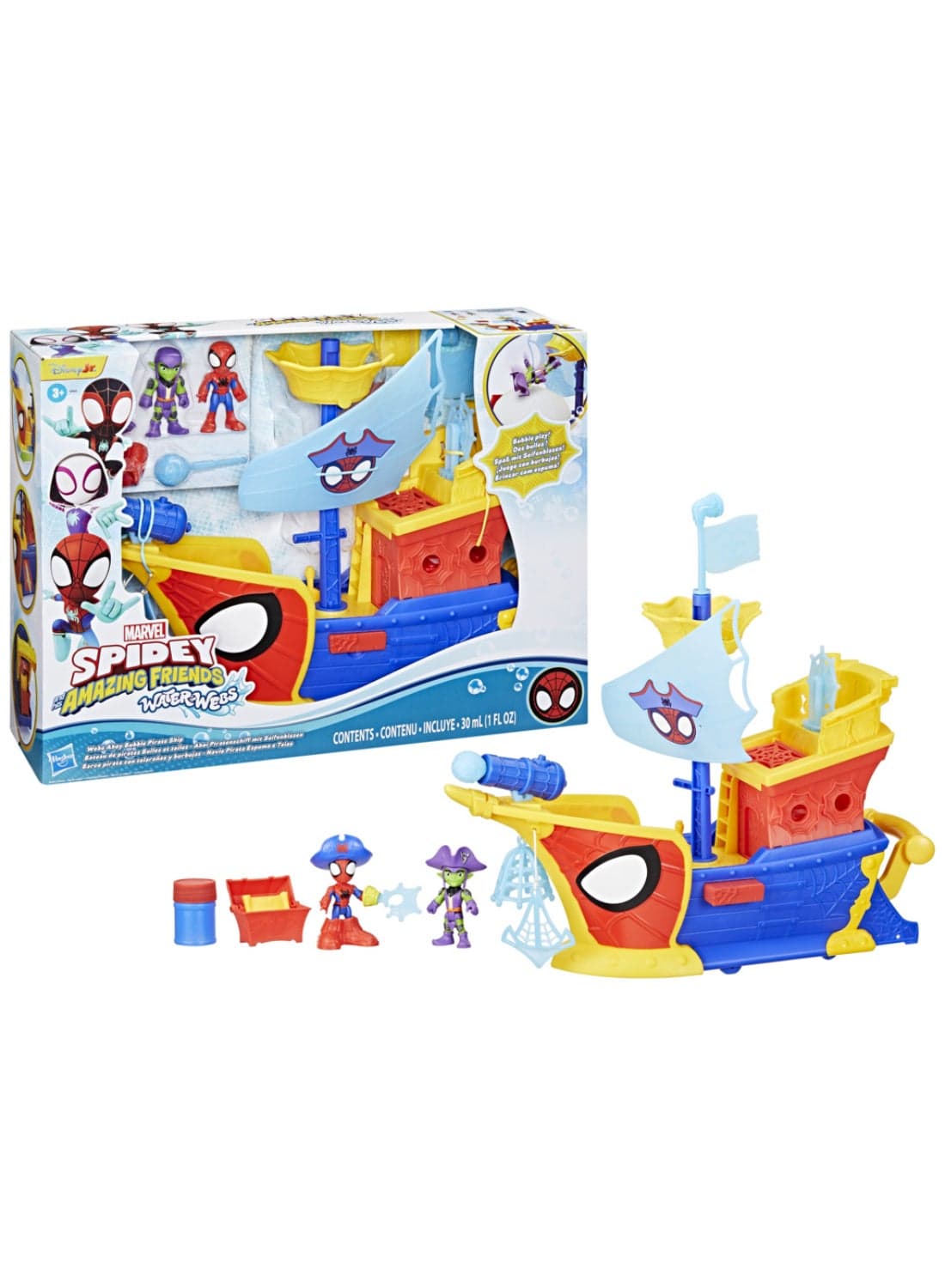 Marvel Spidey and his Amazing Friends Water-Webs Webs Ahoy Bubble Pirate Ship Toy, 3-Inch (7.6) Action Figures & Boat Playset, Super Hero Toys, 3+