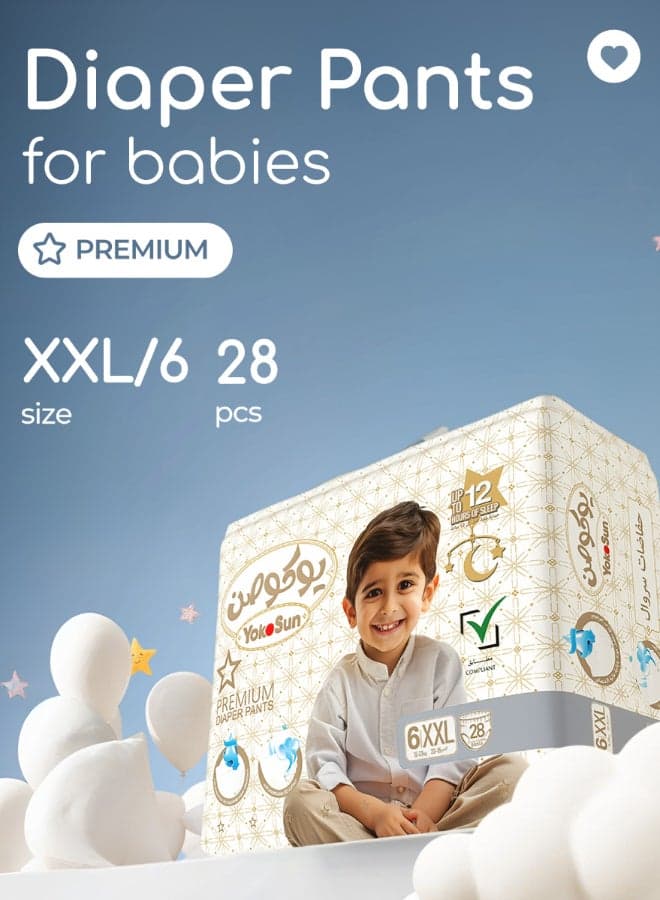 YokoSun Premium Baby Diaper Pants, Size 6 / XXL (15-23 kg), 28 pcs – Ultra-Soft, Hypoallergenic Nappies, Japanese Quality for Baby Skin Care, Leakproof with 12-Hour Dryness Protection