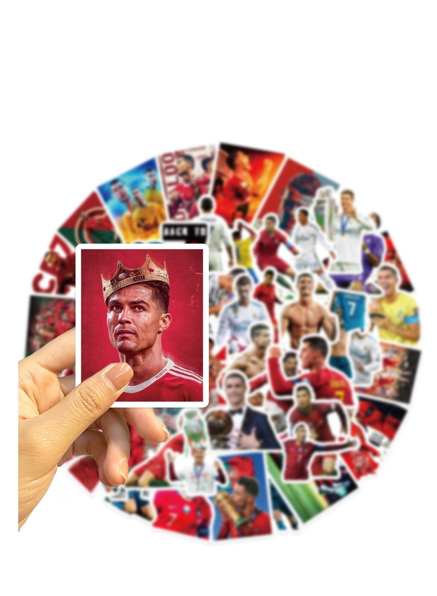 50 stickers featuring the graffiti of football star Cristiano Ronaldo, suitable for sticking on guitar notebooks, briefcases. Waterproof stickers
