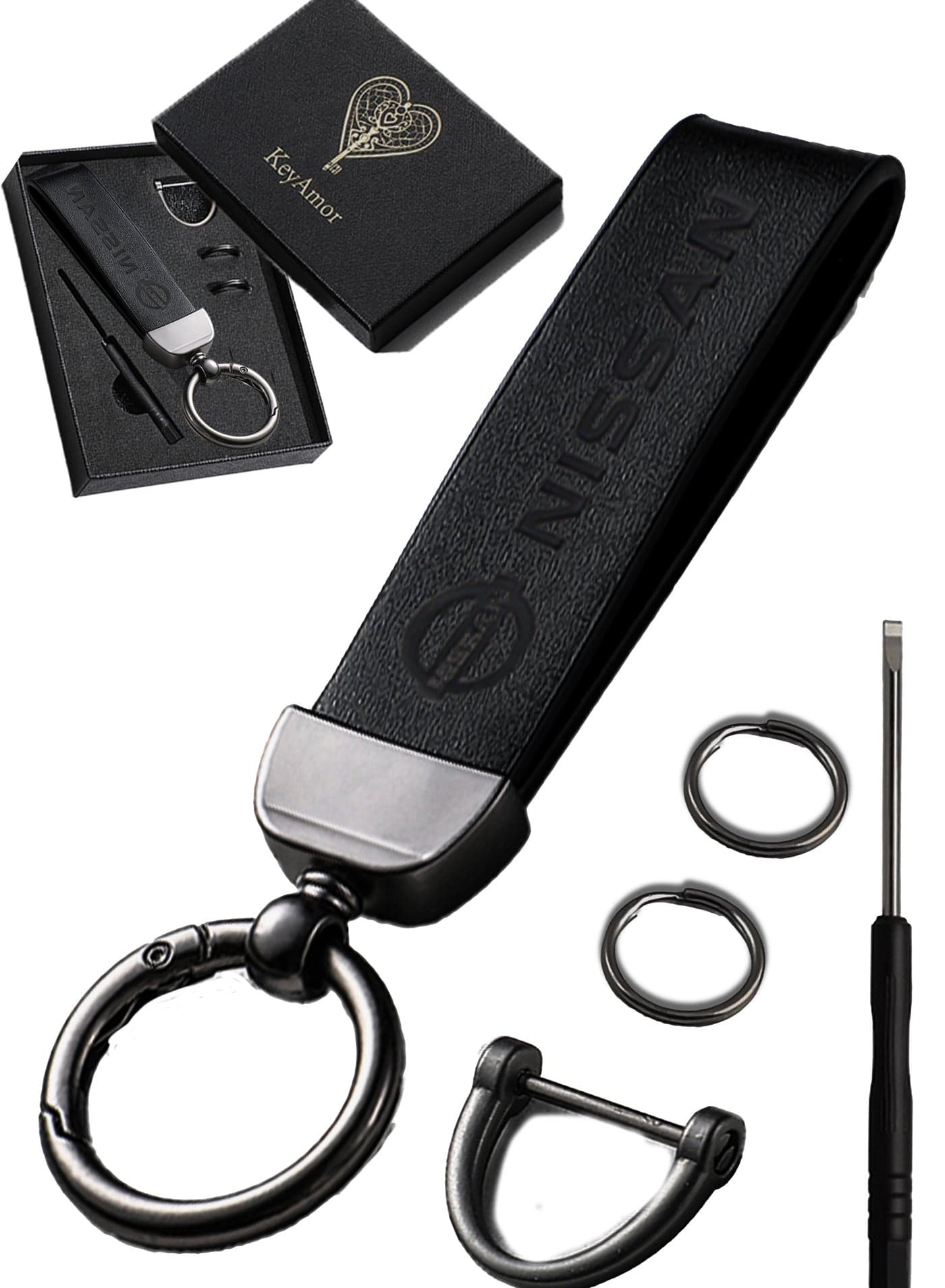 Luxurious Leather & Metal Keychain – Black Edition with Nissan Logo Elegant black metal and leather keychain car key holder for adults. Stylish car keychain with 3 key rings, featuring the iconic Nissan logo, perfect as a fancy gift or car accessory. Designed in a sleek black colour for a refined and modern look, it offers 360-degree rotation for added convenience, is suitable for both men and women, and comes beautifully packaged in a fancy gift box.