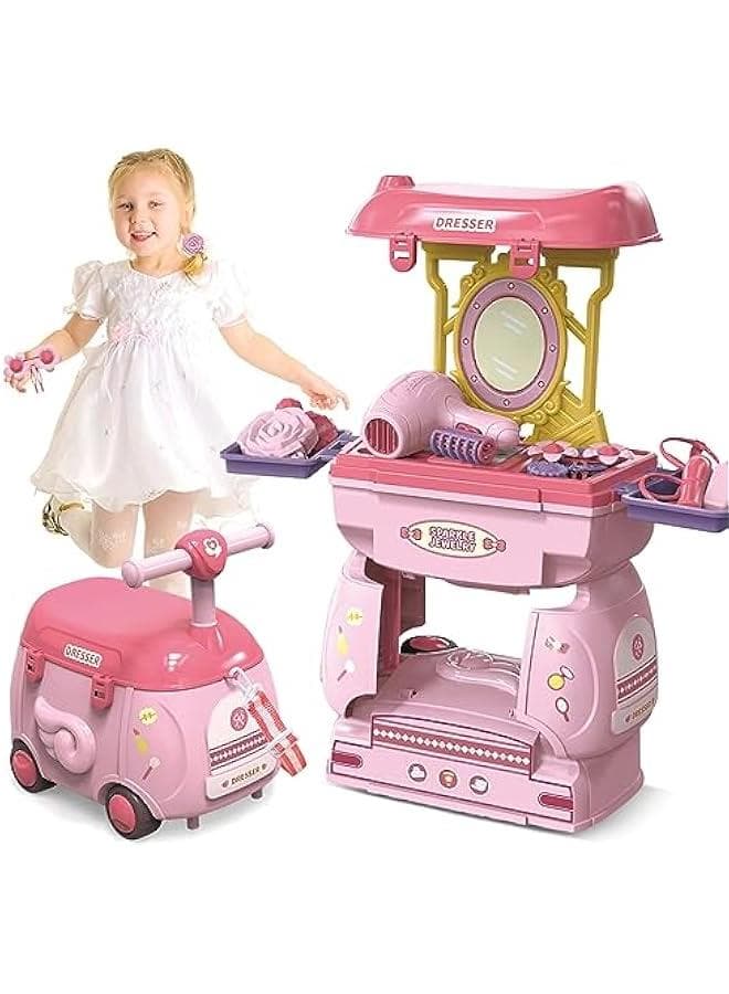 2 in 1 Simulation Kitchen Tableware Toy,Pulley Car play Cart Kit for Kids 3 4 5, Cooking Play Table Set Realistic Toddlers Toys for Boys Girls 2-5 (Jewellery Play)