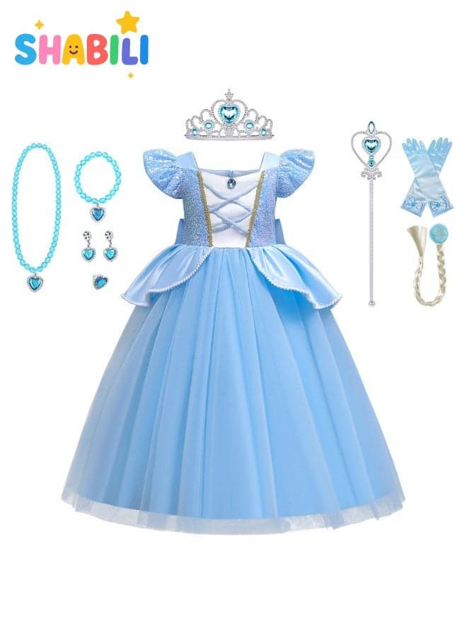Kids Blue Sequin Princess Dress Costume for Girls Ages 3–9 (Size 100–150) – Long Mesh Gown with Crown, Wand, Gloves, Necklace, Earrings, Ring & Braid for Birthday Party Dress Up & Role Play