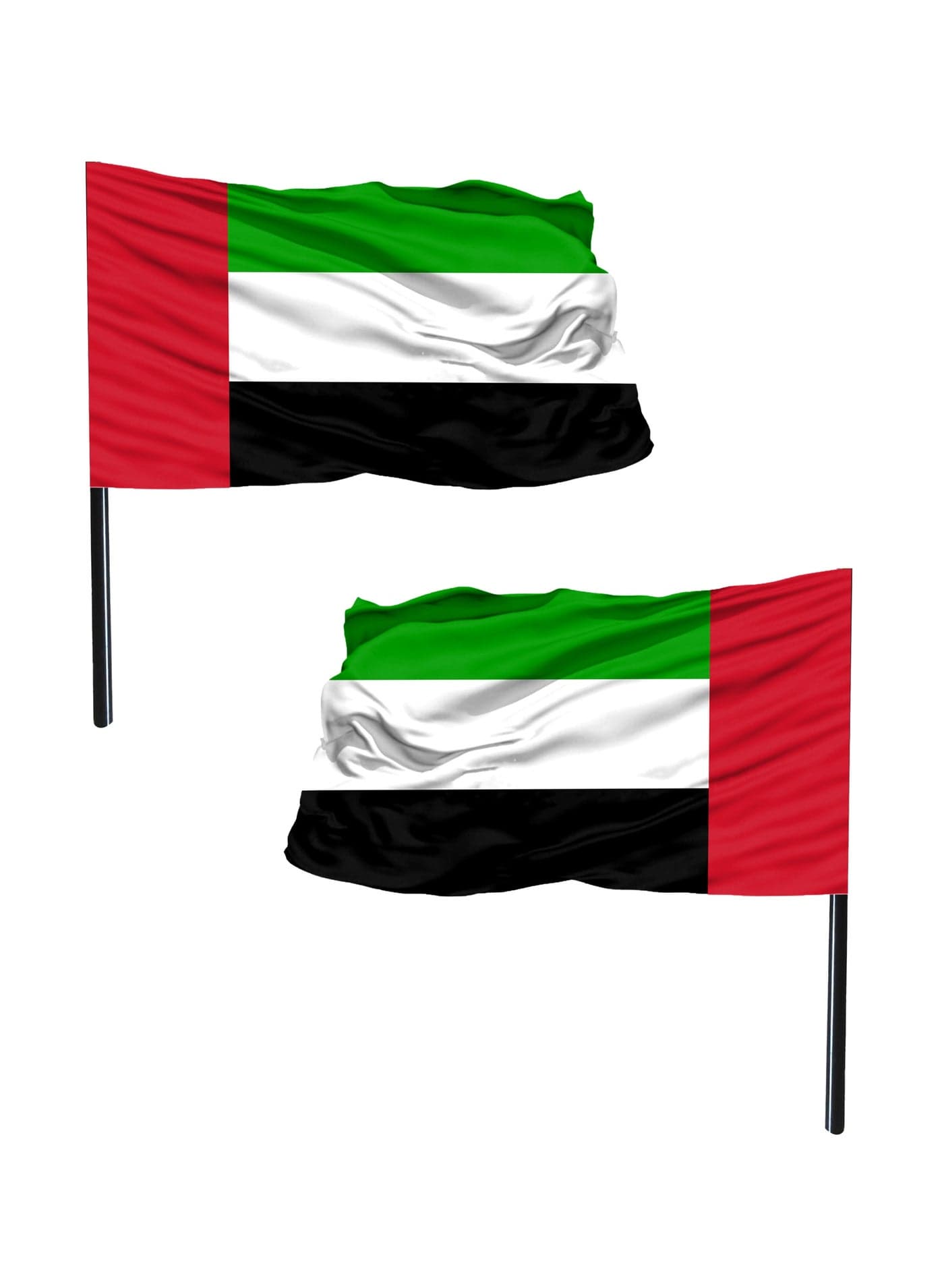 2 pcs Premium UAE flag With stick (60x90 cm) made from shiny satin fabric with vibrant colors and a smooth finish, mounted on a sturdy stick for easy display and waving. Suitable for indoor and outdoor use—perfect for shopping malls, gardens, villas, buildings, apartments, National Day events, and celebrations.