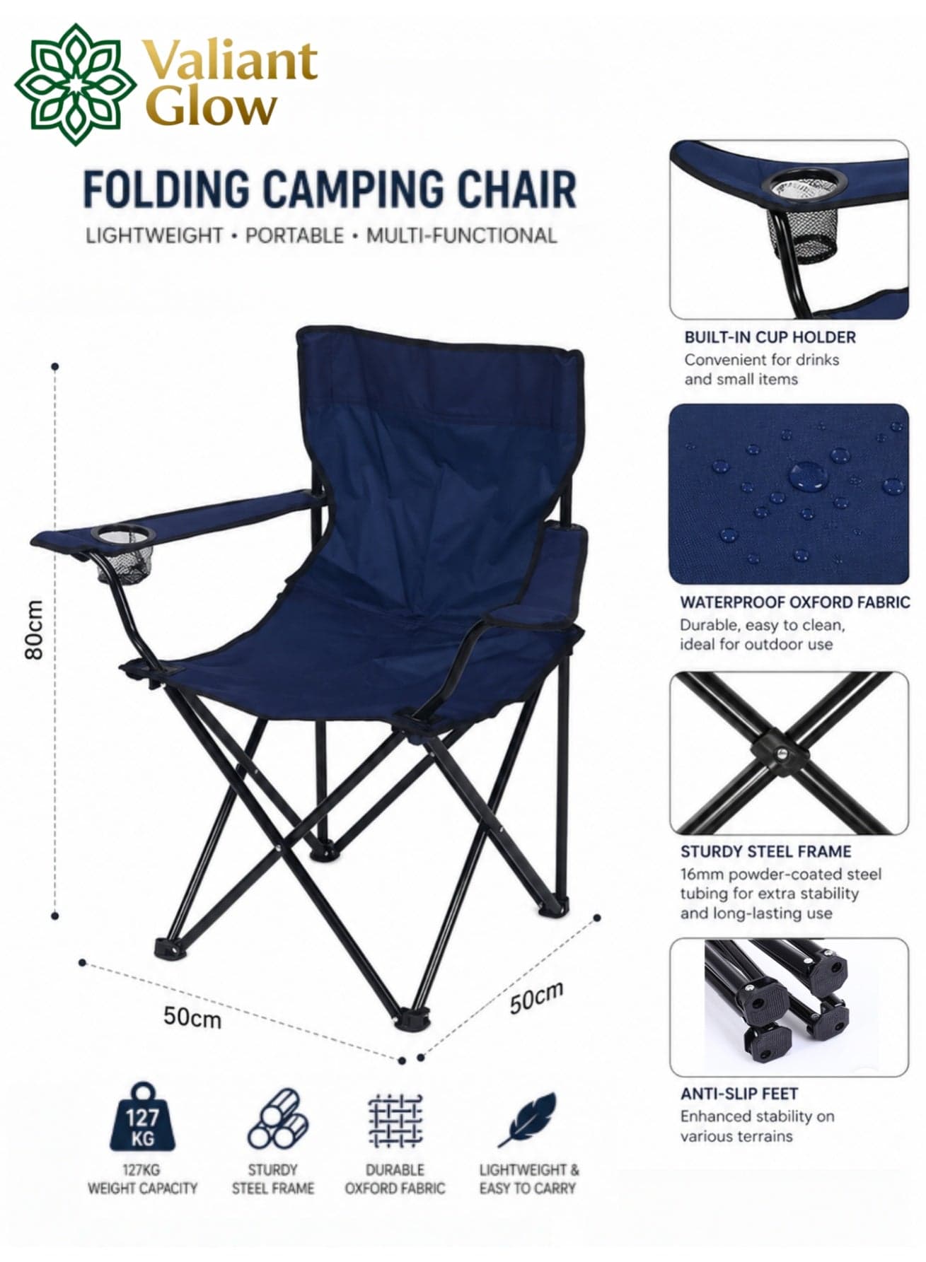 Portable Folding Camping Chair — 127kg Weight Capacity, Sturdy Steel Frame & Oxford Fabric, Multi-functional Outdoor Chair for Beach, Fishing, & More; Lightweight & Easy to Carry, Includes Storage Bag.
