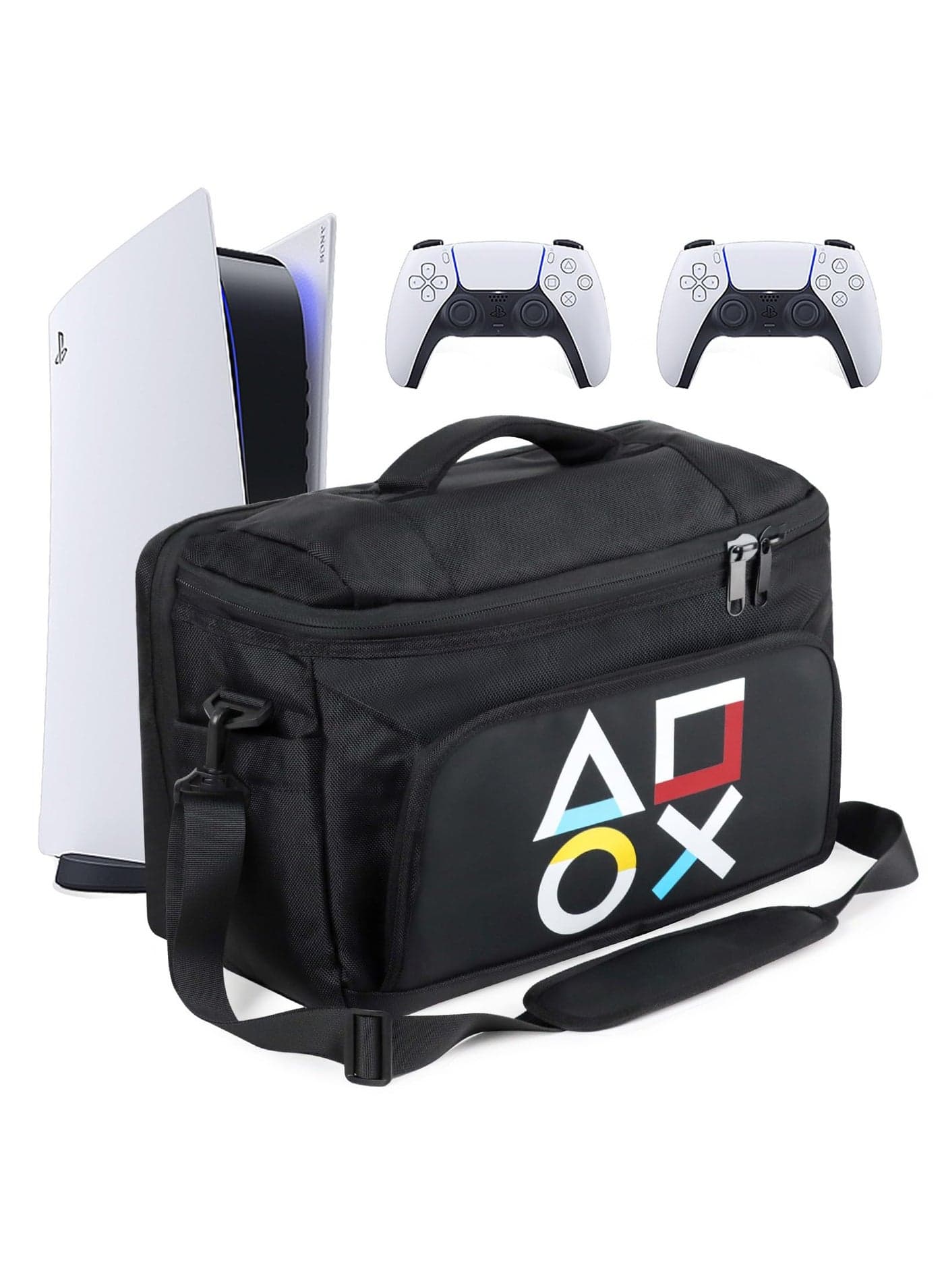 Protective Case for PlayStation 5/PS5 Slim, Large Capacity Carrying Case with Shape Pattern, Adjustable Travelling Shoulder Bag for PS5 Disc/Digital Console Storage