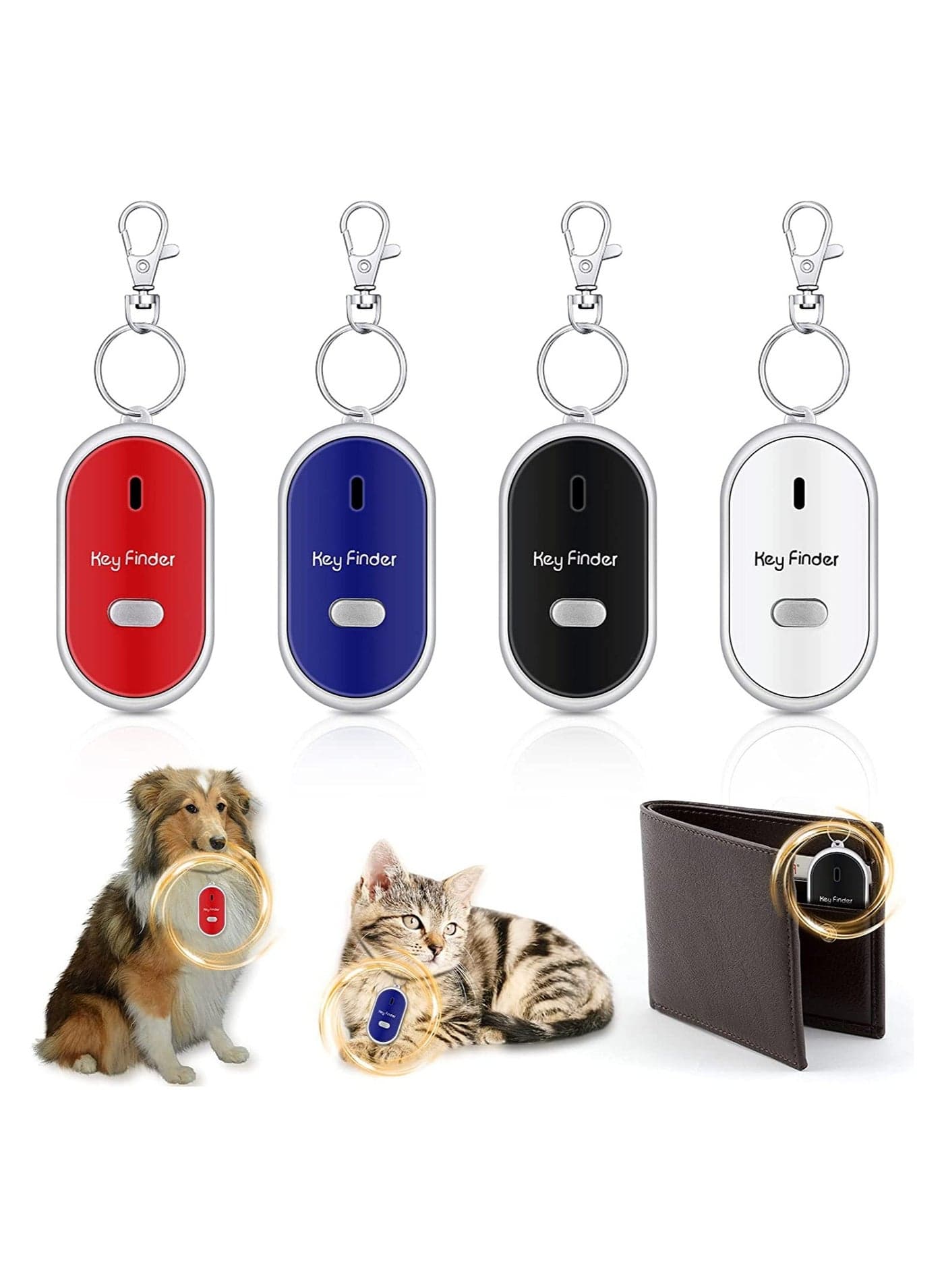Key Locator Device, Key Finder with Whistle LED Light Remote Sound Control, Pet Keychain Locator for Child Elderly Pet Luggage, 4 Pcs
