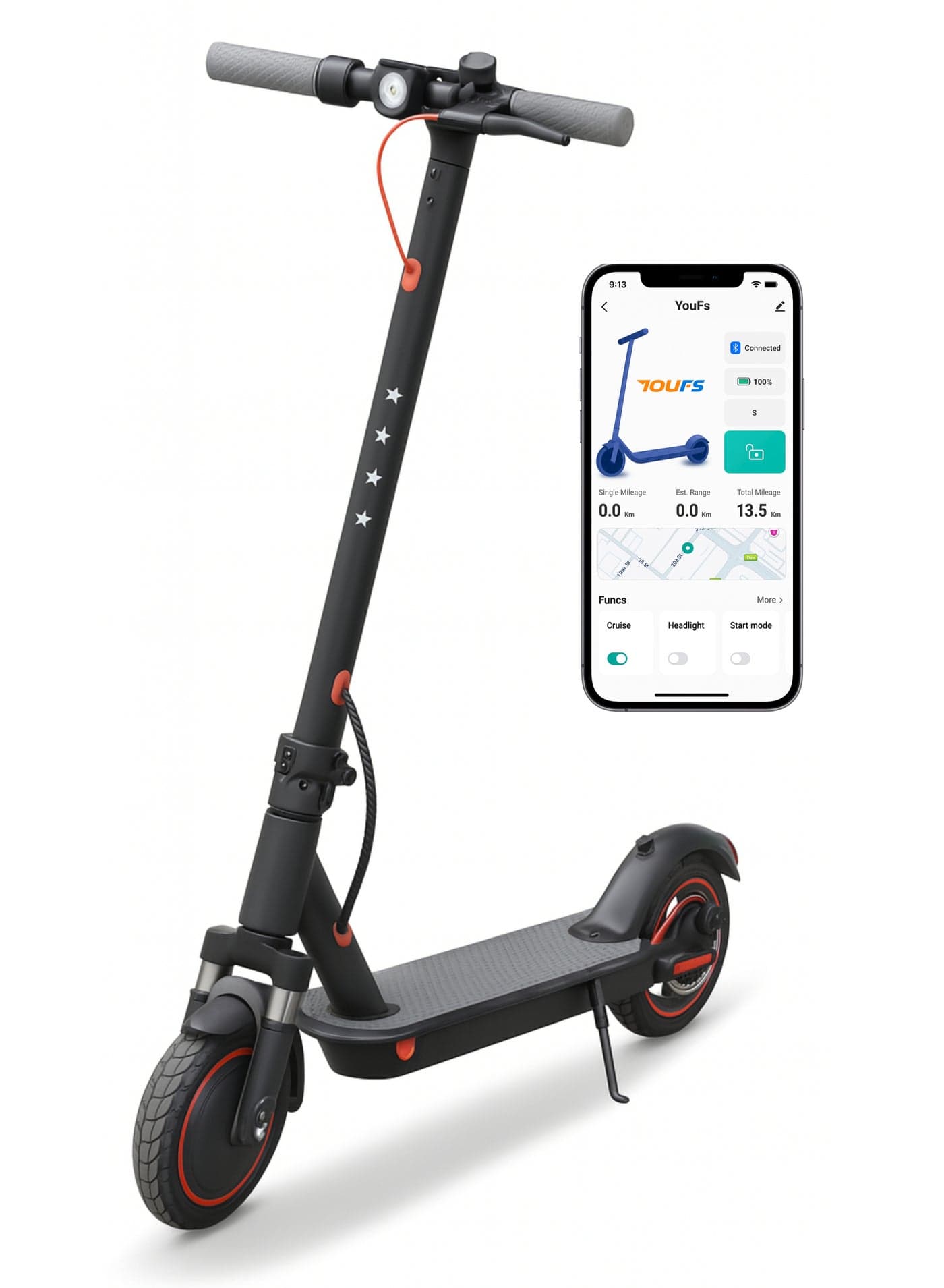 Smart Foldable Electric Scooter App Control Front Suspension LED Lighted Stand Disc Brake 350W 36V 6.6Ah Battery 30Kmph Speed 8.5 Inch Tire 140Kg Load Capacity