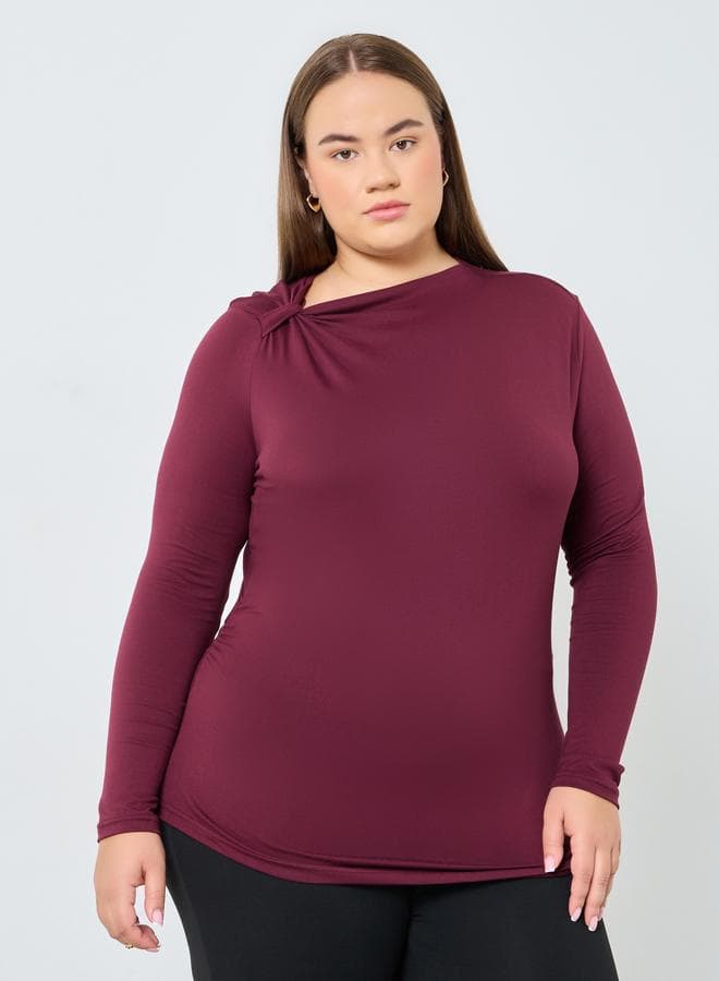Styli Plus Size Burgundy Top with Asymmetrical Neck