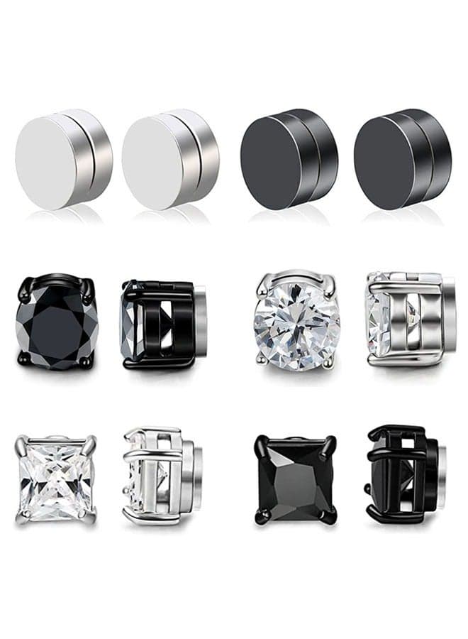 6 Pairs Magnetic Stud Earrings for Womens Mens Stainless Steel Non Piercing Magnetic Earrings Clip on Earrings Inlaid Cubic Zirconia Earrings Set 6mm