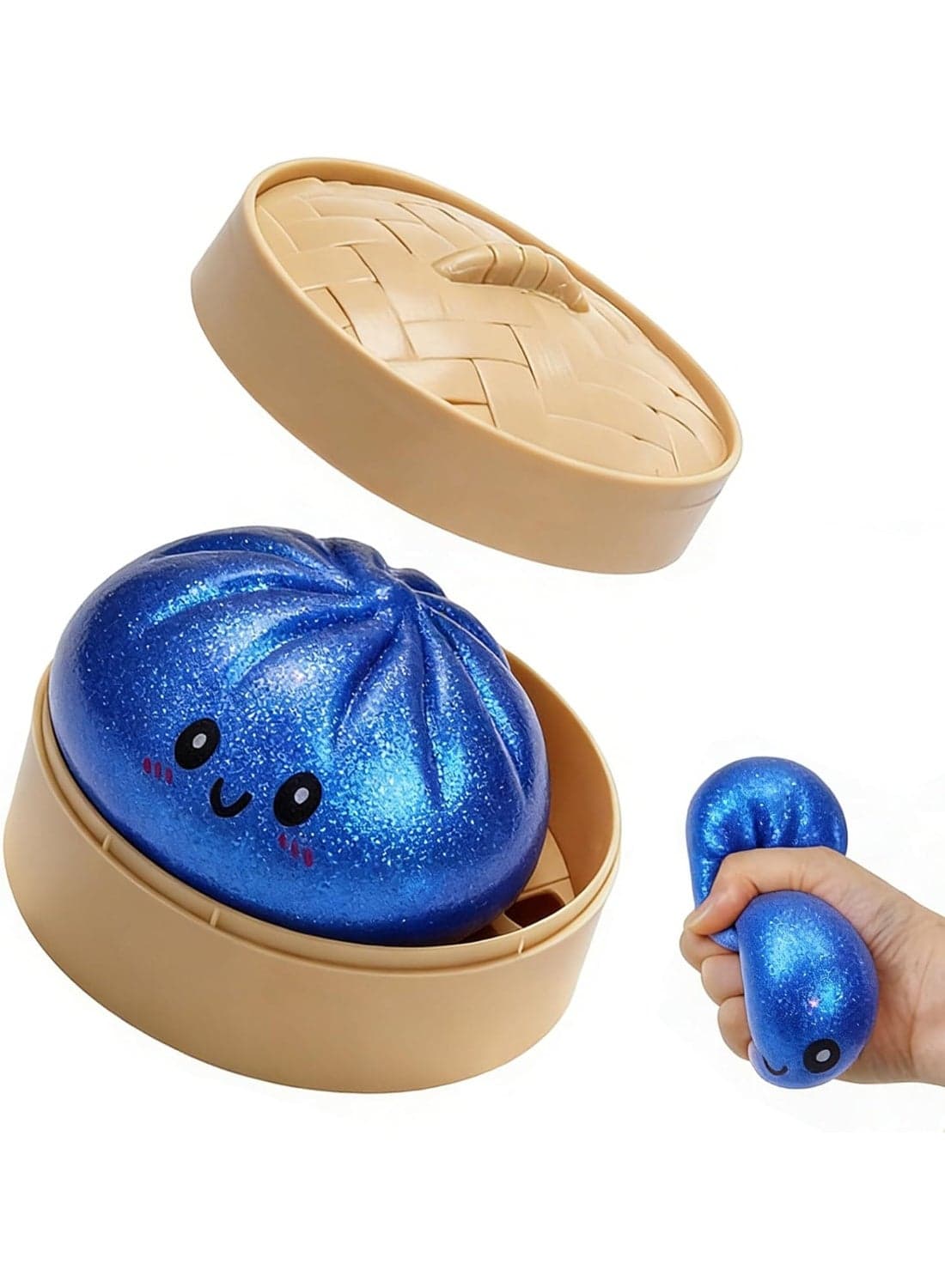 Glitter Dumpling,Glitter Dumpling Squishy Box,2026 New Bun Squeeze Stress Relief Ball with Steamer Box for Stress Relief (Blue)