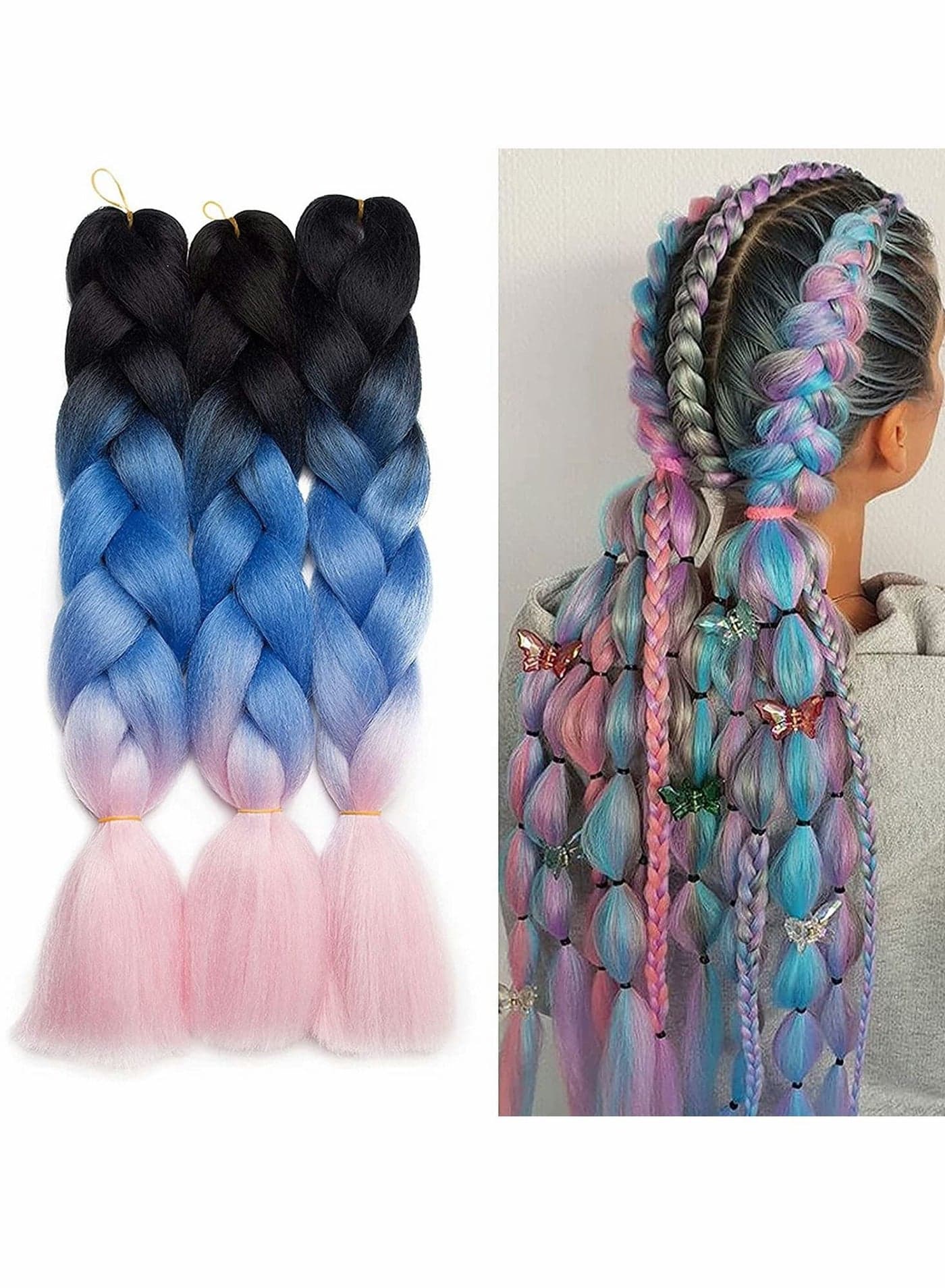 Synthetic Hair for Braiding, Jumbo Braids, Extension Afro Braid Crochet Twist, Heat Resistant 24 inch 3 Pcs(Black to Pure Blue to Light Pink)