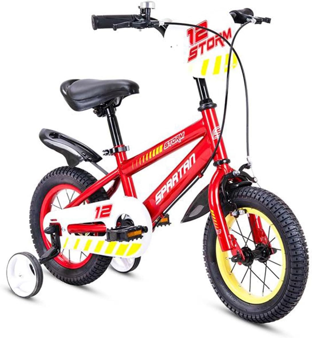 Spartan Storm 12-Inch Kids Bicycle | 12-Inch Wheel Size | Durable Steel Frame With Training Wheels | Dual Brakes, Adjustable Seat, Full Chain Guard & Wide Tires for Safe, Comfortable Riding | Red Color