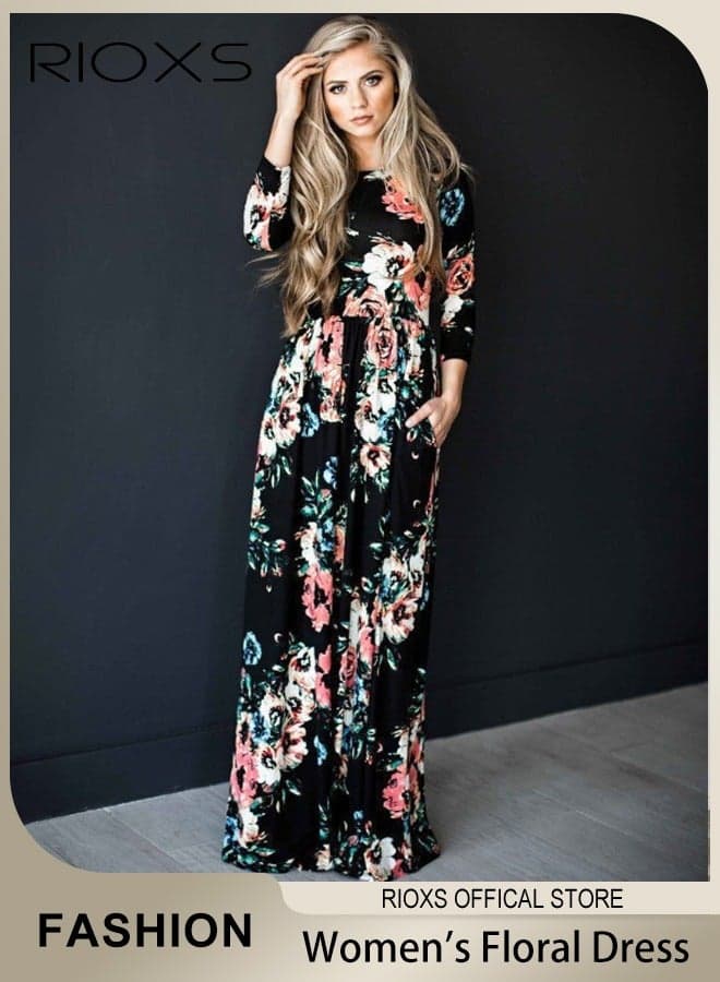 Women Long Sleeve Floral Maxi Dress, Loose Fit Round Neck High Waist Flowy Long Dress With Pockets, Soft Breathable Cotton Boho Maxi Floral Dress for Hang Out, Dinner, Dating, Shopping, BBQ, Holiday, etc.