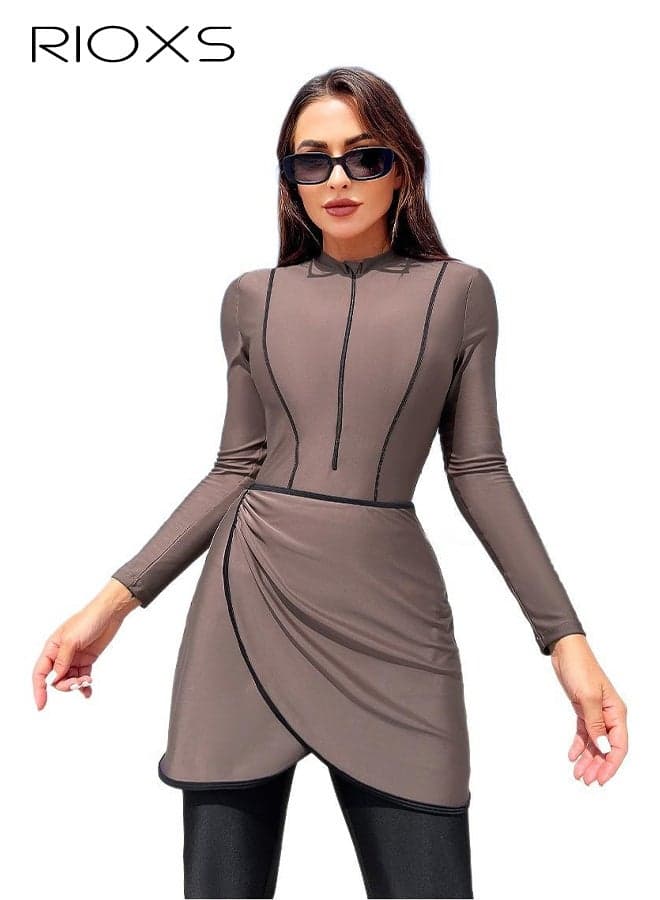 2 Pieces Modest Muslim Swimsuit for Women, Breathable UV Sun Protection Long Sleeve Islamic Swim Top and Leggings, Soild Ladies Beachwear Bathing Suit, Full Coverage Swimwear, Ladies' Swim Suit For Beach/ Surfing/ Rafting