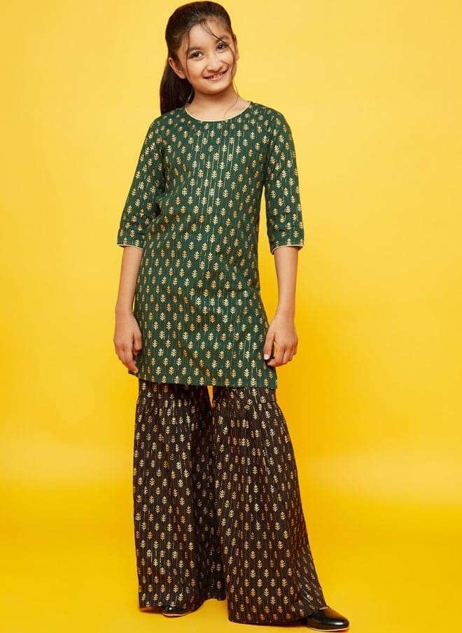 Ethnic Motifs Printed Green Kurta with Sharara for Girls