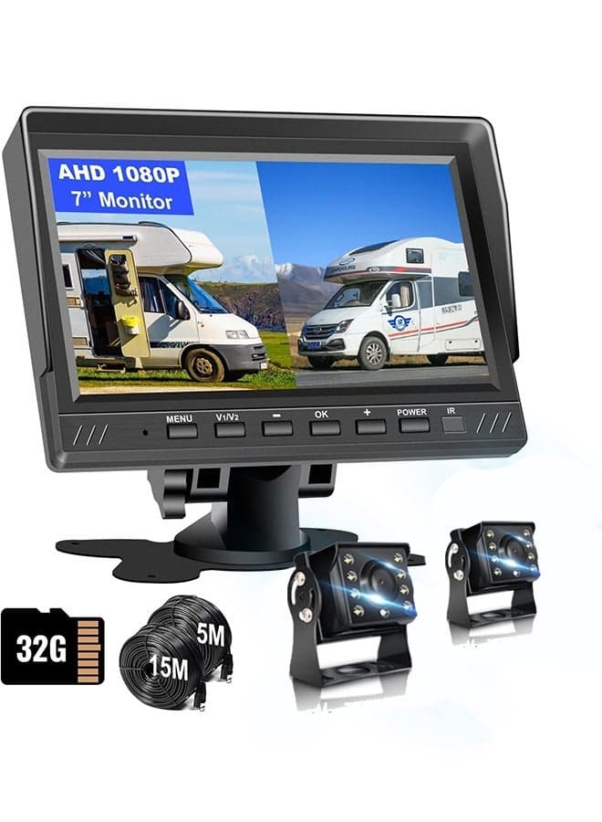 Dual Backup Camera 17.8cm Split Monitor with 32G SD Card Kit, AHD 2 Channels Split Screen with 32G Recording, Reversing Camera IP69 Waterproof Front & Rear View Camera for Truck Trailer Semi-Trailer Box
