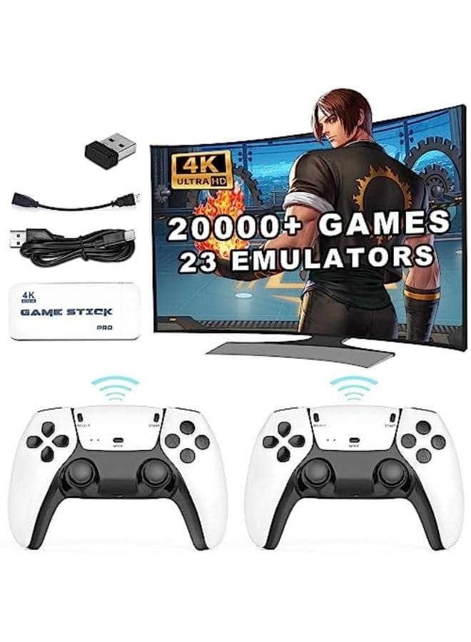 Wireless Retro Game Console, Plug and Play Video Game Stick, Dual 2.4G Wireless Video Game Consoles 4K HDMI Output Support up to 129GB(White)