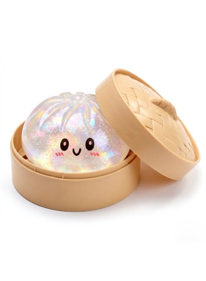 Crystal Clear Glitter Dumpling Squishy Toy with Steamer Box, Translucent Jumbo TPR Squeeze Bun Fidget, ASMR Sensory Stress Relief Alternative to Nice Cube & Jellyfish