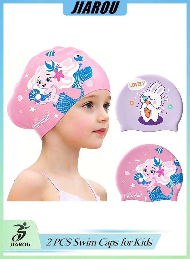 2 Pieces Swim Caps for Kids Girls Toddler Unicorn Silicone Swimming Hat Age 2-14 Waterproof Unisex Bathing Cap for Long and Short Hair Children