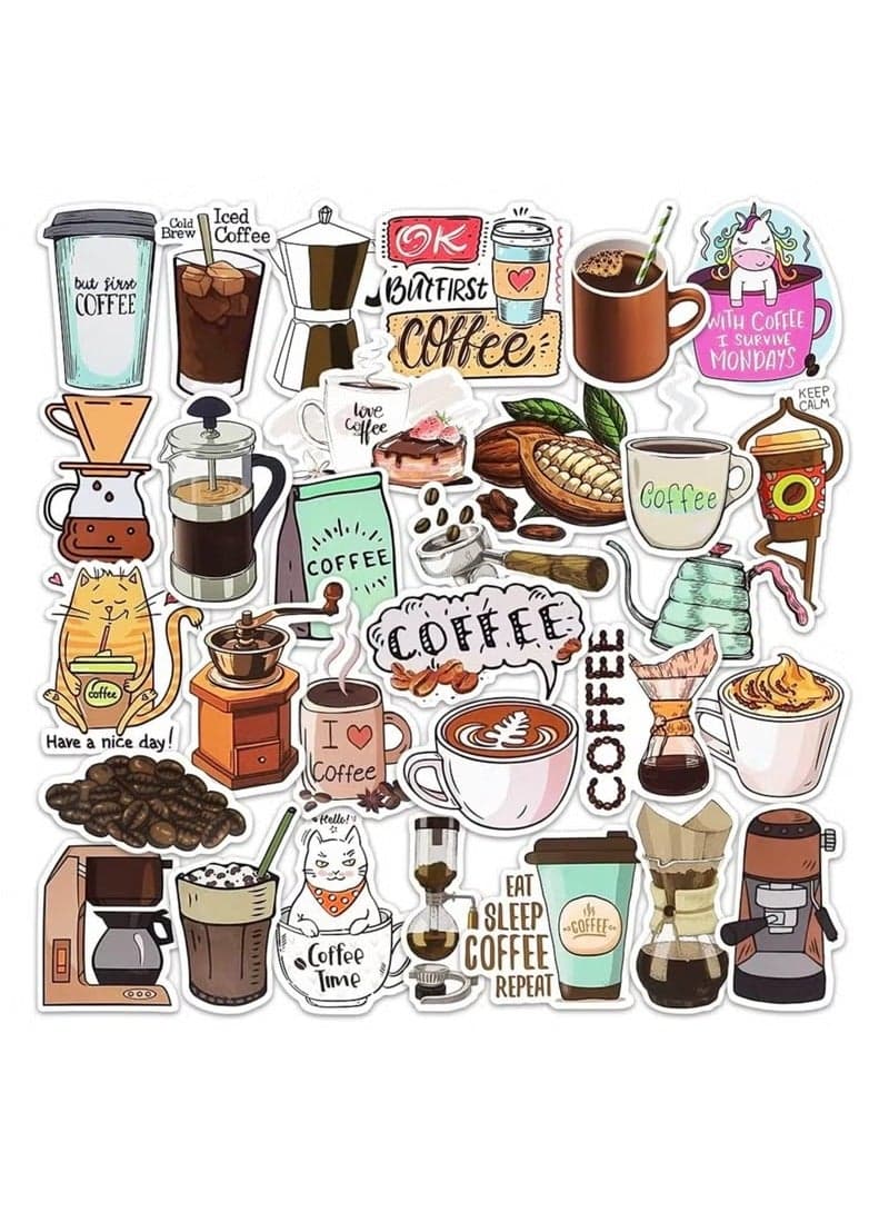 50 Pieces Coffee Stickers, Vinyl Coffee Water Bottle Sticker Pack for Coffee Gifts, Coffee Party Favors, Coffee Accessorise