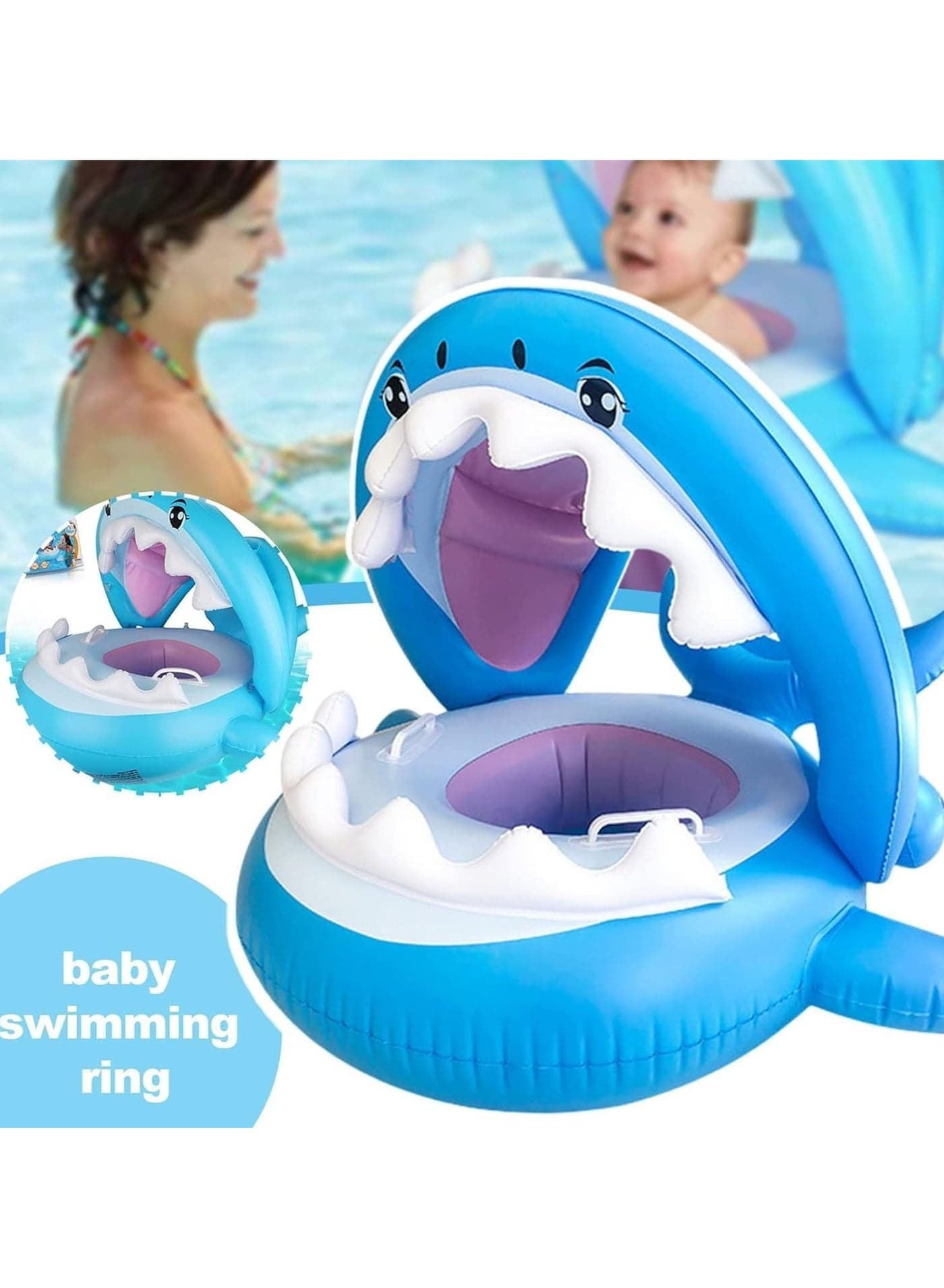 Baby pool float,Swimming Pool Float Boat with Sun Protection Canopy Inflatable Pool Float Yacht Ring Awning Inflatable Swimming Training Float Seat for Boys Girls Summer Outdoor (Shark)
