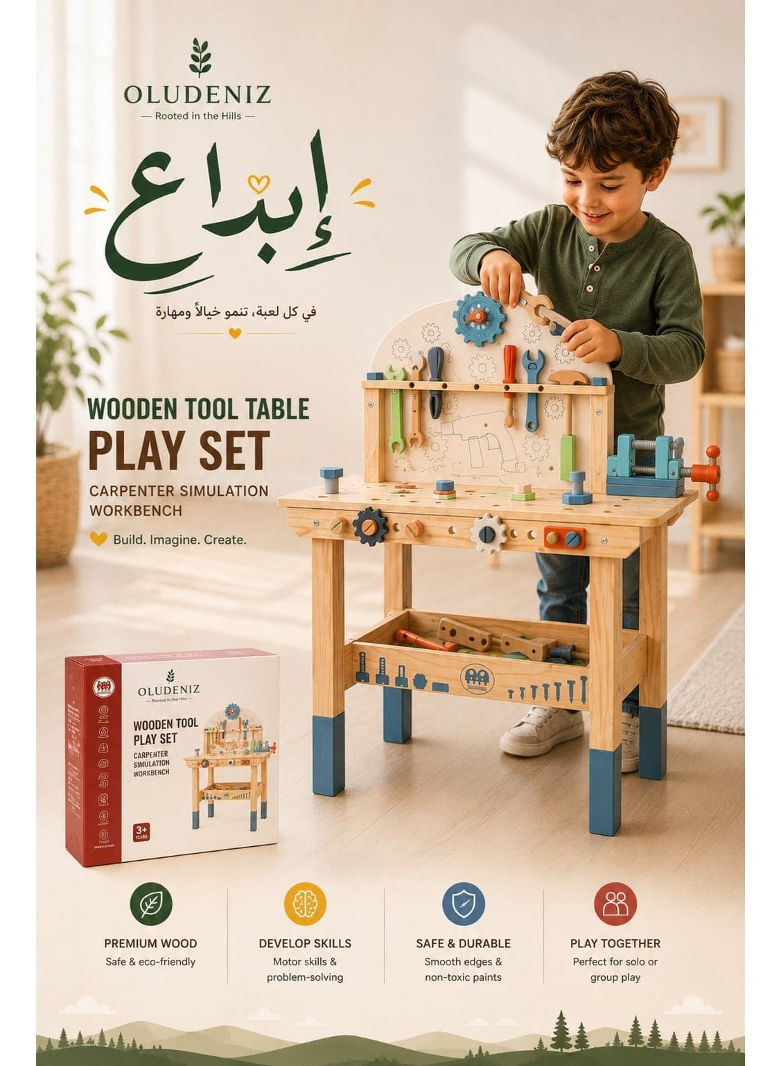 Children's Wooden Tool Table Play Set Carpenter Simulation Workbench with Nuts, Screws & Tools | Pretend Play & Educational Toy