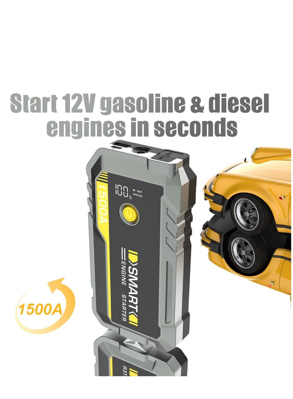 Car Battery Jump Starter, portable power bank, and LED flashlight. 12V Jump Starter Battery Pack, Battery Booster, Jump Box, Portable Charger and Jumper Cables for 6.0L Gasoline and 3.0L Diesel Engines "