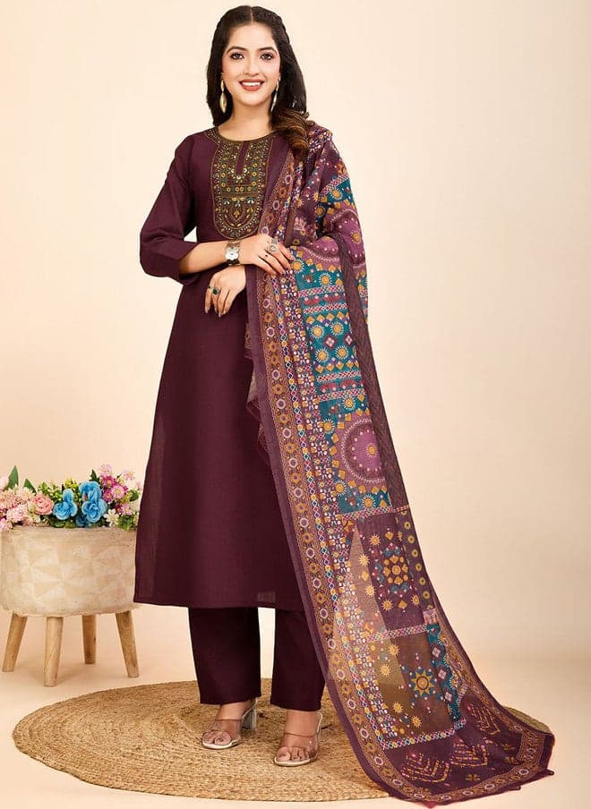 Women Floral Printed Kurta Set with Trousers and Dupatta in Rich Purple