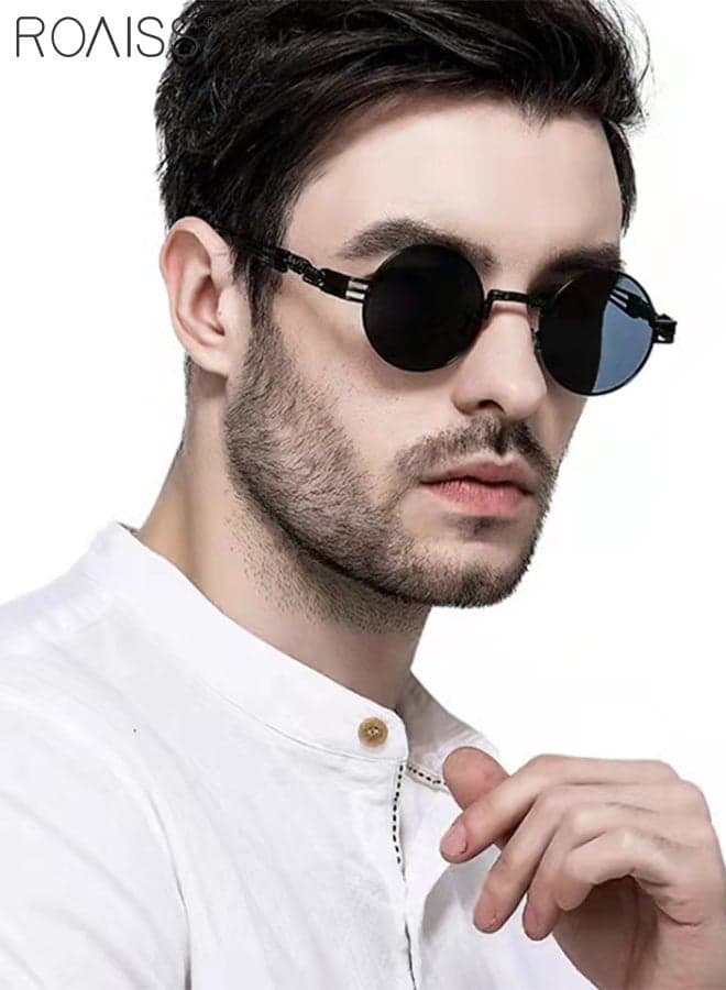 Round Steampunk Sunglasses for Men Women, UV400 Protection Sun Glasses with Metal Frame, Fashion Anti-Glare Sunglasses for Driving, Fishing, Traveling, Black, 50mm