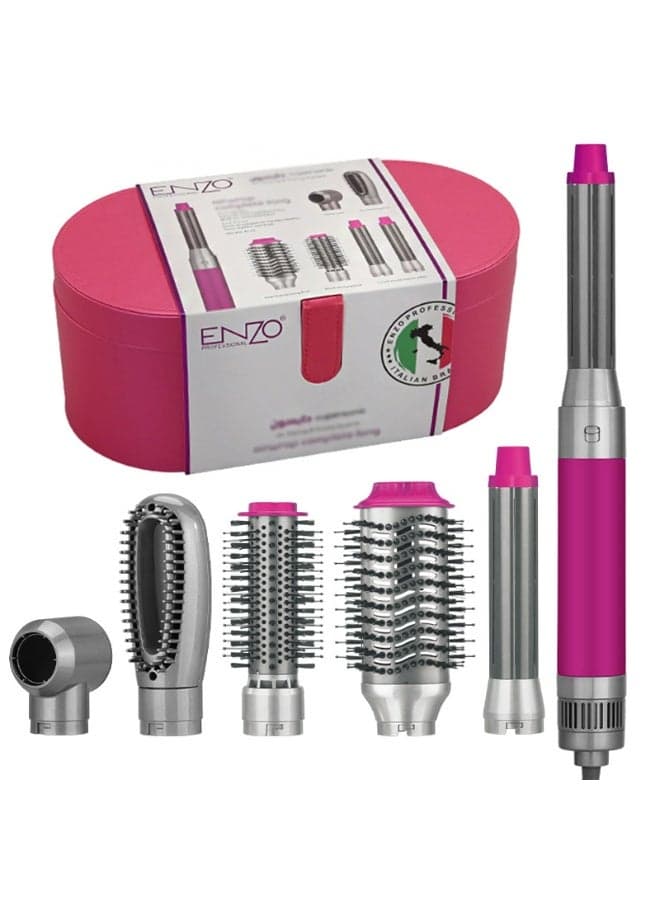 1Belle EN-4133 6-in-1 Infrared Hot Air Brush Set – Professional Hair Styling Tool with Interchangeable Attachments, Hair Dryer Brush for Long Hair, Pink & Coral