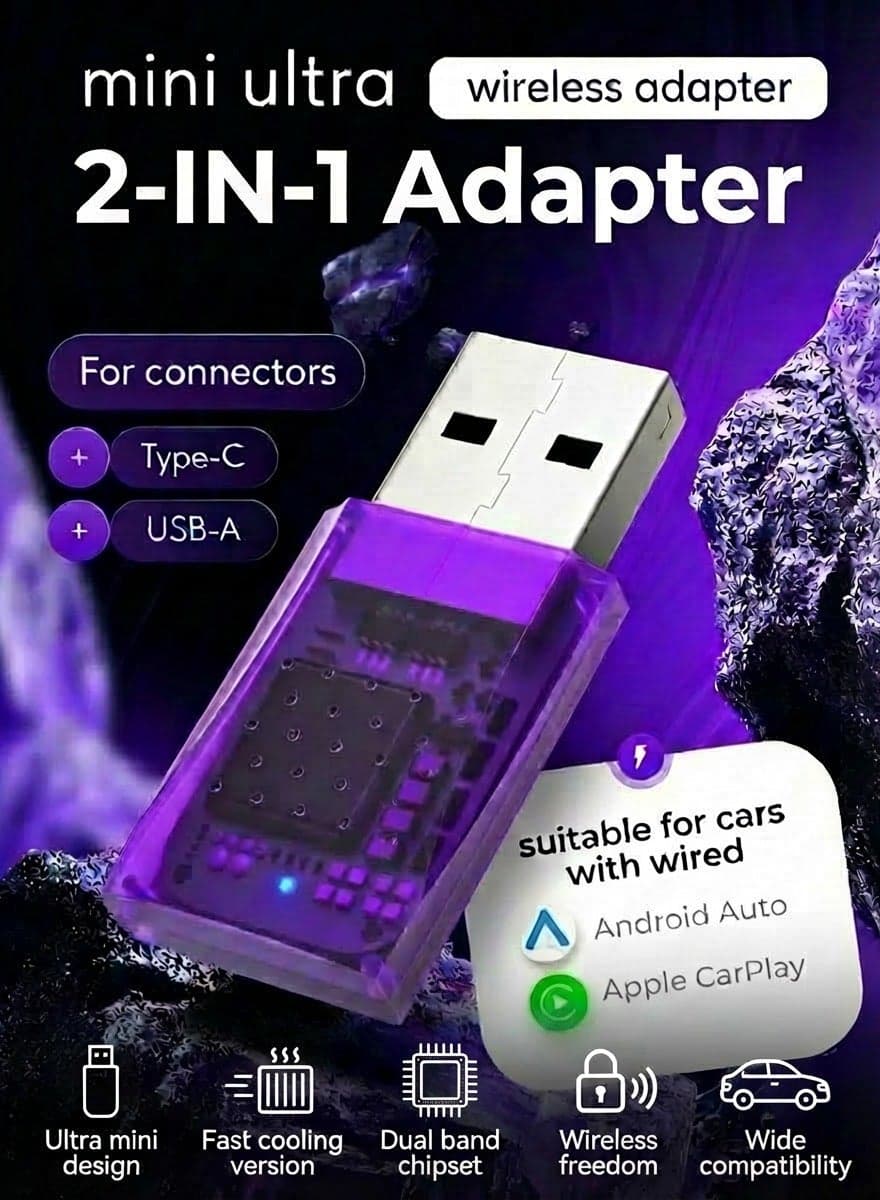 2-in-1 Wireless CarPlay & Android Auto Adapter, Zero Latency CarPlay Wired to Wireless, Fast Auto-Connect, No Delay, Compact Design for iPhone & Android with USB/USB-C Port(L8 Purple)